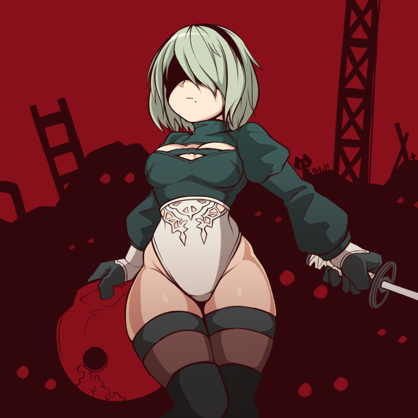 1girl, 2b_(nier:automata), absurdres, black_gloves, black_hairband, blindfold, breasts, cleavage, cleavage_cutout, closed_mouth, clothing_cutout, gloves, grey_hair, hairband, highleg, highleg_leotard, highres, hip_bones, holding, holding_sword, holding_weapon, juliet_sleeves, katana, left-handed, leotard, long_sleeves, machine_(nier), medium_breasts, mole, mole_under_mouth, nier:automata, nier_(series), puffy_sleeves, purple_thighhighs, red_background, sakumochi_(pixiv4431677), short_hair, skindentation, solo, standing, sword, thighhighs, thighs, turtleneck, weapon, white_leotard