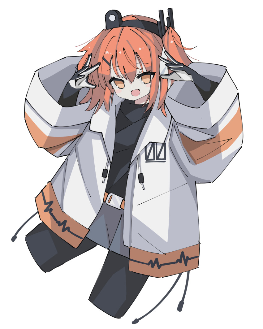 1girl, a.i._voice, absurdres, adachi_rei, belt, black_gloves, black_leggings, black_shirt, cable, cropped_legs, elbow_gloves, gloves, grey_skirt, hair_ornament, hairclip, hands_up, headlamp, highres, jacket, leggings, light_blush, long_sleeves, looking_at_viewer, momochi_tama, no_pupils, one_side_up, open_clothes, open_jacket, open_mouth, orange_belt, orange_eyes, orange_hair, radio_antenna, raised_eyebrows, shirt, simple_background, skirt, smile, solo, two-tone_gloves, utau, white_background, white_gloves, white_jacket, wide_sleeves