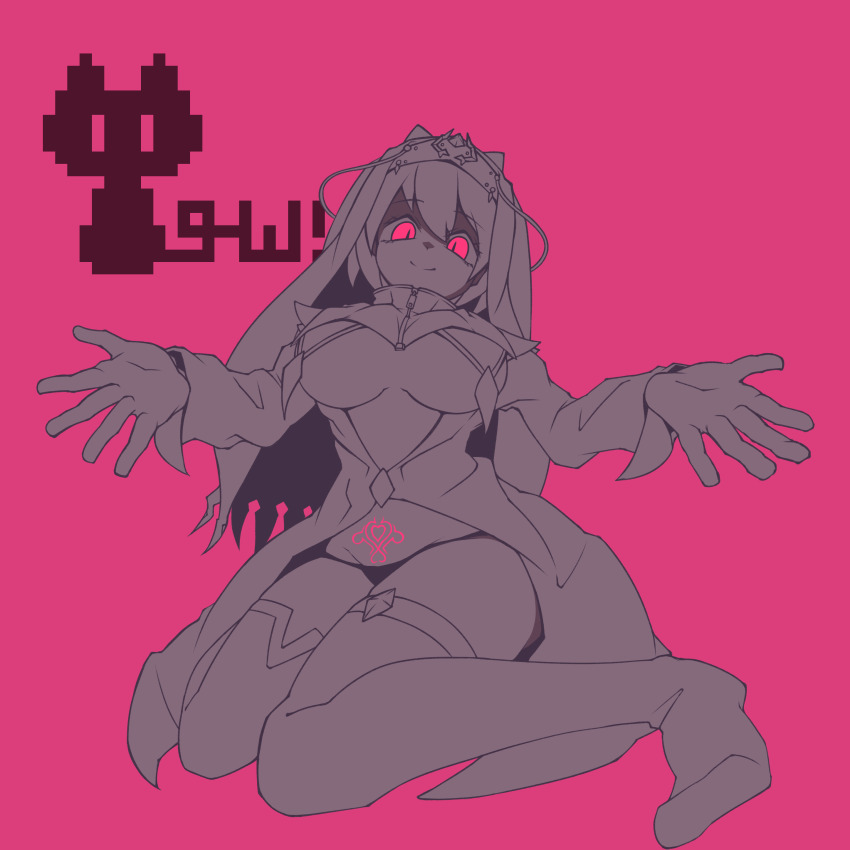 1girl, absurdres, asymmetrical_legwear, breast_curtains, breasts, closed_mouth, emela_(sequel), full_body, gem, groin, highres, long_sleeves, looking_at_viewer, medium_breasts, mismatched_legwear, outstretched_arms, panties, pink_background, pink_eyes, pubic_tattoo, sakumochi_(pixiv4431677), sequel_(series), sequel_colony, short_hair, simple_background, smile, solo, split_mouth, spot_color, tattoo, thighhighs, thighs, underboob, underwear, zipper_pull_tab