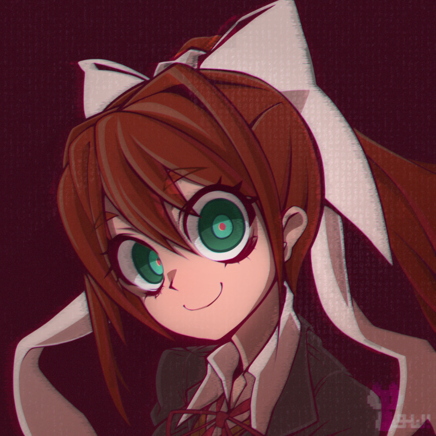 1girl, absurdres, aqua_eyes, bow, brown_hair, closed_mouth, commentary, crazy_eyes, doki_doki_literature_club, english_commentary, eyelashes, grey_jacket, hair_between_eyes, hair_bow, highres, jacket, long_hair, monika_(doki_doki_literature_club), neck_ribbon, orange_vest, pink_pupils, ponytail, purple_background, red_ribbon, ribbon, sakumochi_(pixiv4431677), school_uniform, shirt, smile, solo, upper_body, vest, white_bow, white_shirt