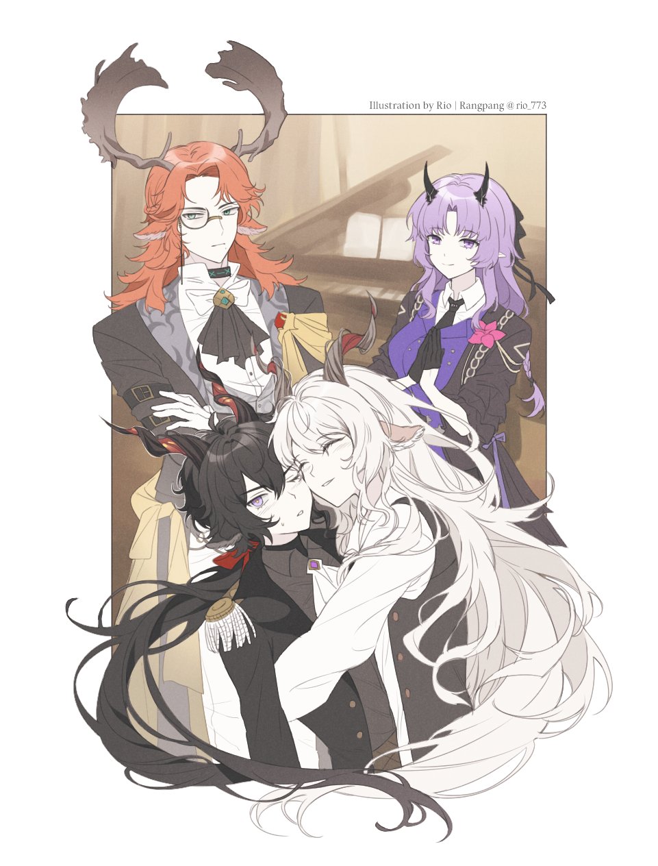 1girl, 3boys, animal_ears, antlers, arknights, ascot, black_ascot, black_gloves