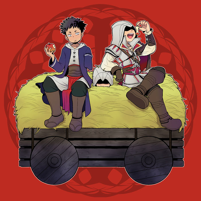 2boys, altair_ibn_la-ahad, amputee, apple, assassin's_creed, assassin's_creed_(series), assassin's_creed_ii, black_hair