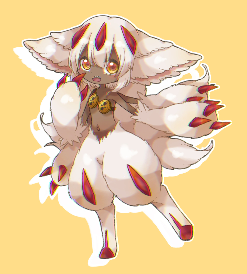 1girl, animal_ears, bare_shoulders, body_fur, chromatic_aberration, claws, dark-skinned_female, dark_skin, drop_shadow, extra_arms, faputa, female_focus, flat_chest, fluffy, full_body, furry, furry_female, hand_to_own_mouth, hand_up, highres, looking_at_viewer, made_in_abyss, multiple_tails, navel, open_mouth, orange_eyes, outline, sharp_teeth, short_hair, sidelocks, simple_background, solo, standing, stomach, tail, teeth, thick_thighs, thighs, towa_(clonea), white_fur, white_hair, white_outline, yellow_background