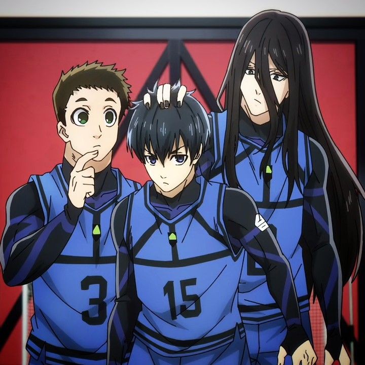 3boys, ahoge, aryu_jyubei, black_eyes, black_hair, blue_lock, brown_hair, closed_mouth