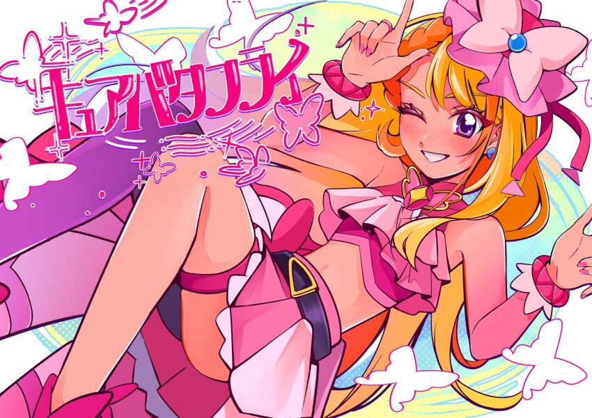 1girl, asymmetrical_clothes, asymmetrical_legwear, blonde_hair, blush, commentary_request, cure_butterfly, earrings, eyelashes, happy, highres, hijiri_ageha, hirogaru_sky!_precure, jewelry, long_hair, looking_at_viewer, magical_girl, marugao_(htcf2334), midriff, miniskirt, multicolored_hair, one_eye_closed, orange_hair, pantyhose, pink_eyes, pink_headwear, pink_nails, pink_skirt, precure, single_leg_pantyhose, skirt, smile, solo, translation_request, two-tone_hair, very_long_hair