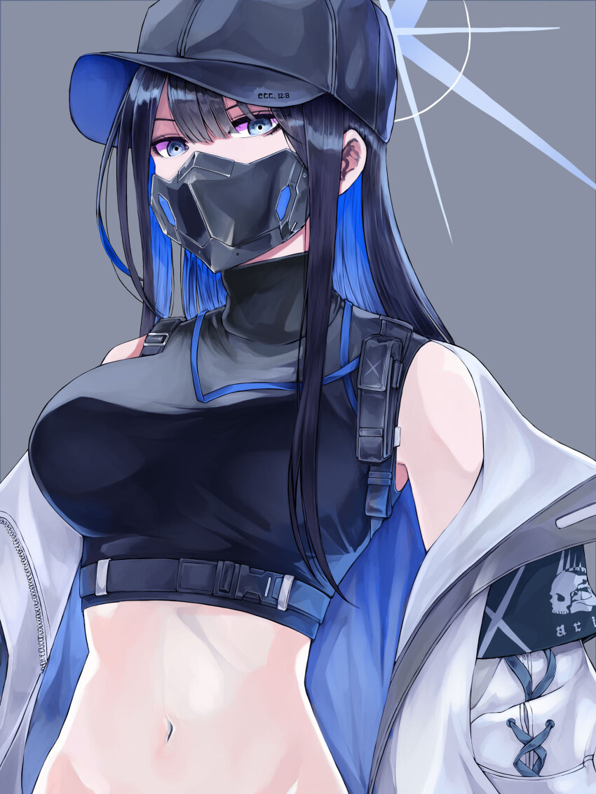 1girl, absurdres, bare_shoulders, baseball_cap, black_hair, black_hat, black_shirt, blue_archive, blue_eyes, breasts, colored_inner_hair, grey_background, hair_between_eyes, halo, hat, highres, jacket, jacket_partially_removed, kurou_(bcrow), long_hair, looking_at_viewer, mask, medium_breasts, midriff, mouth_mask, multicolored_hair, navel, open_clothes, open_jacket, saori_(blue_archive), shirt, simple_background, sleeveless, sleeveless_shirt, solo, turtleneck, white_jacket