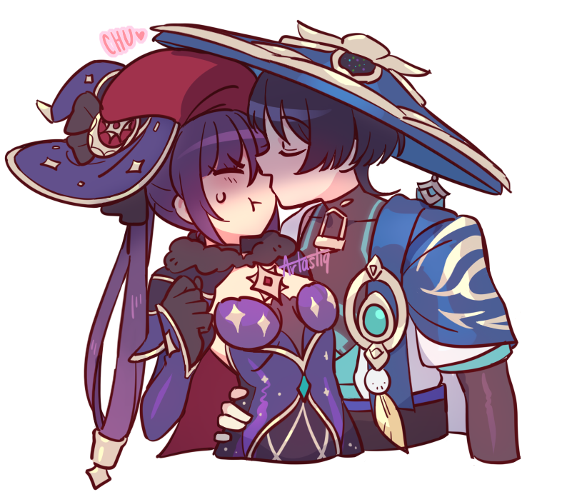 1boy, 1girl, artastiq, artist_name, black_gloves, black_hair, blunt_ends, blush