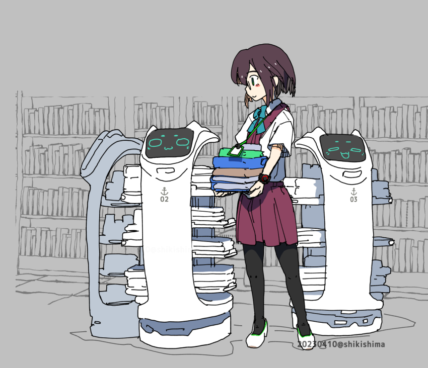 1girl, adapted_costume, bellabot, black_hair, black_pantyhose, book, book_stack, bookshelf