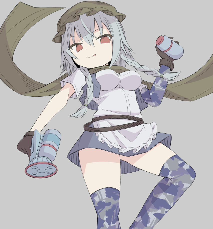:q, apron, belt, black_belt, blue_skirt, blue_vest, braid, breasts, camouflage_gloves, camouflage_socks, canister, dekaraitaa, elbow_gloves, flat_color, frilled_apron, frilled_hat, frills, gloves, green_gloves, green_headwear, green_scarf, grey_background, grey_hair, hat, highres, izayoi_sakuya, izayoi_sakuya_(flower_viewing), maid, medium_breasts, medium_hair, miniskirt, mob_cap, official_alternate_costume, open_clothes, open_vest, paint_gun, red_eyes, scarf, single_glove, skirt, thighhighs, tongue, tongue_out, touhou, touhou_cannonball, twin_braids, vest, white_apron