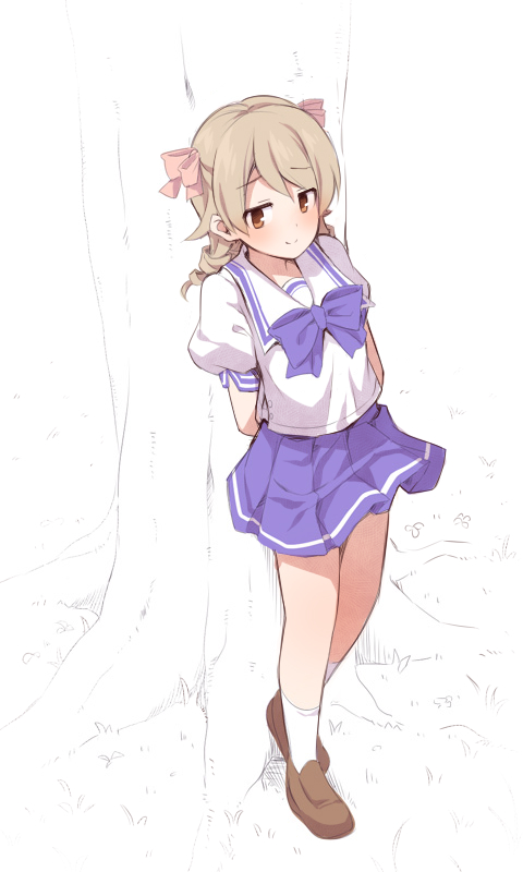 1girl, blue_bow, blue_skirt, bow, brown_eyes, brown_shoes, closed_mouth, cosplay