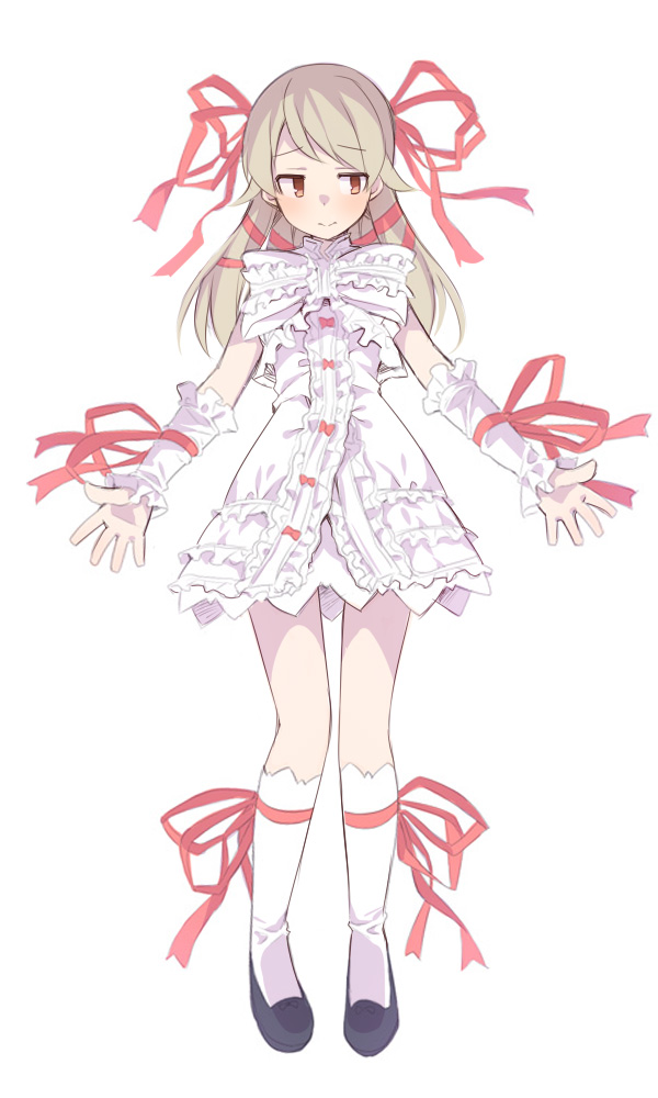 1girl, @_@, al_azif_(cosplay), al_azif_(demonbane), black_shoes, blush, bow, brown_eyes