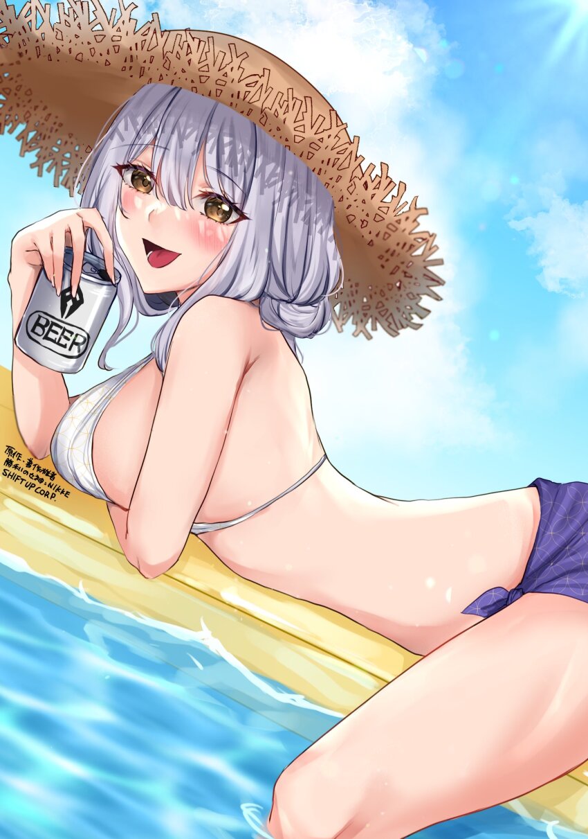 1girl, alcohol, arm_under_breasts, beer, beer_can, blue_sky, blush, breasts