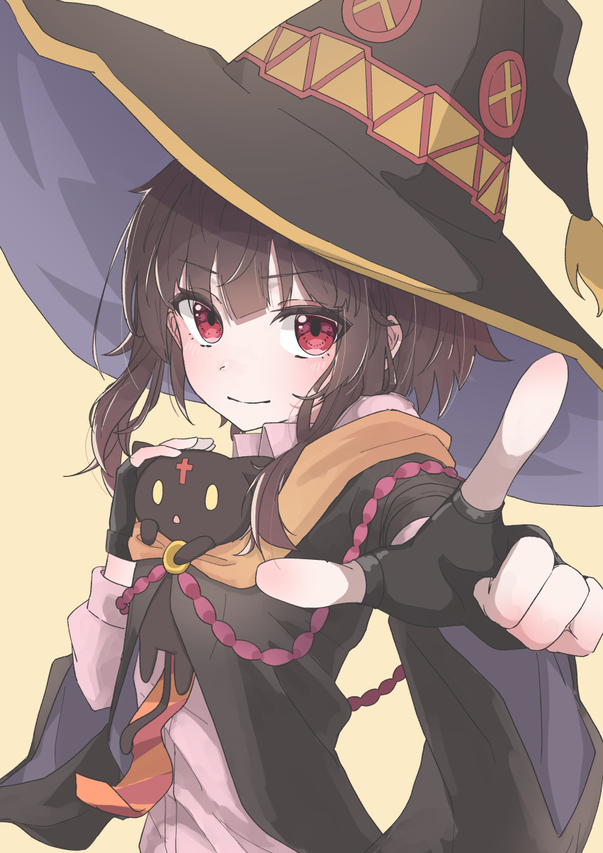 1girl, absurdres, black_cat, black_cloak, black_gloves, black_hat, breasts, brown_hair