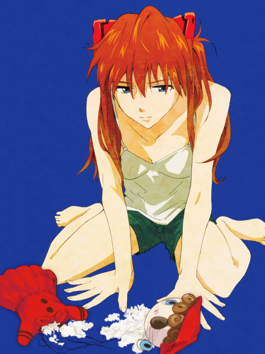 arm_support, bare_shoulders, barefoot, blue_background, blue_eyes, brown_hair, full_body, green_shorts