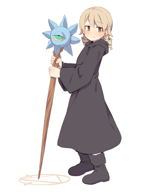 1girl, black_boots, black_robe, blush, boots, brown_eyes, brown_hair, closed_mouth, cosplay, full_body, holding, holding_staff, idolmaster, idolmaster_cinderella_girls, kukuri_(mahoujin_guruguru), kukuri_(mahoujin_guruguru)_(cosplay), long_hair, long_sleeves, mahoujin_guruguru, morikubo_nono, revision, ringlets, robe, simple_background, solo, staff, sweat, uccow, white_background, wide_sleeves