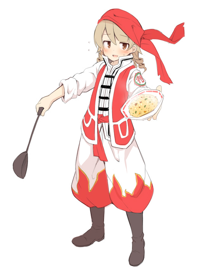 1girl, :d, black_boots, blush, boots, bowl, brown_eyes, brown_hair