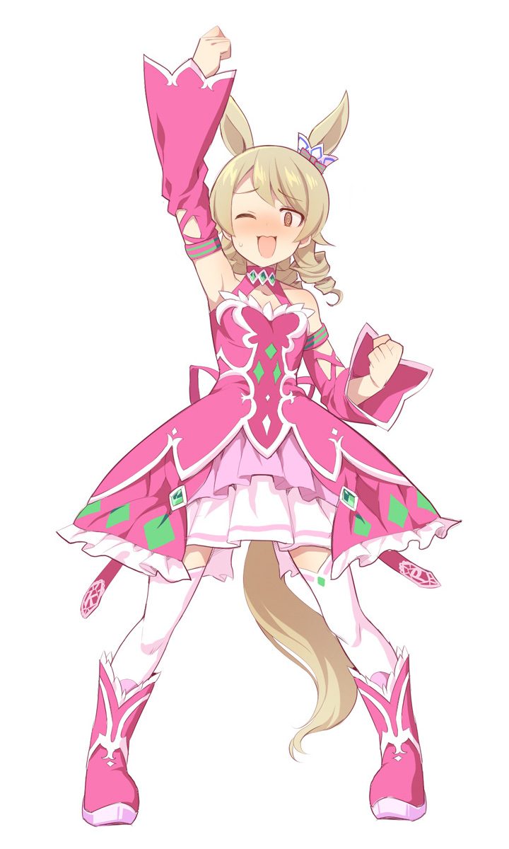 1girl, ;d, @_@, alternate_costume, animal_ears, armpits, bare_shoulders, blush