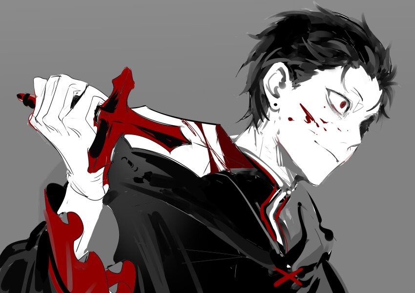 1boy, absurdres, alternate_costume, alternate_universe, black_hair, blood, blood_on_clothes, blood_on_face