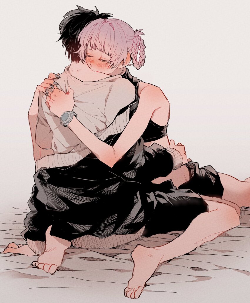 1boy, 1girl, barefoot, biting, black_shorts, black_tank_top, blush, braid