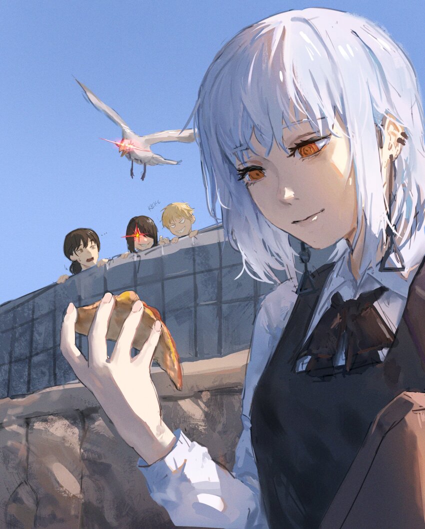 ..., 1boy, 3girls, absurdres, animal, bird, black_dress, black_hair