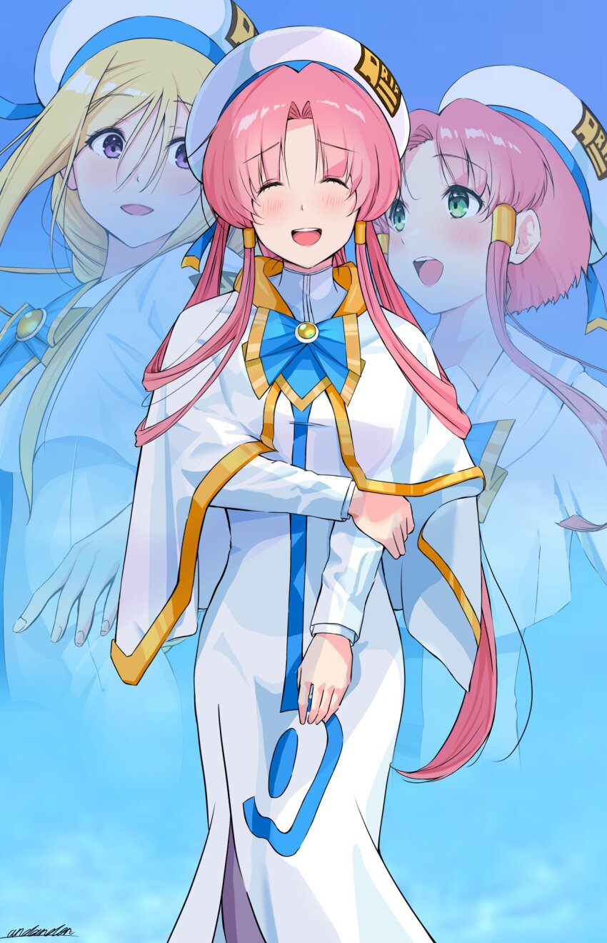 2girls, alicia_florence, andanden, aria_(manga), aria_company_uniform, aria_the_avvenire, blonde_hair, blue_background