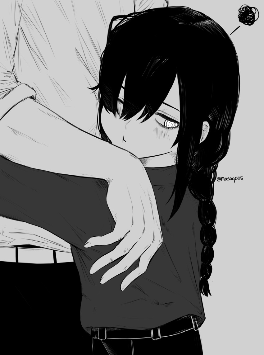 1boy, 1girl, ;t, absurdres, averting_eyes, blush, braid, braided_ponytail, chainsaw_man, denji_(chainsaw_man), greyscale, height_difference, hetero, highres, hug, looking_to_the_side, masoq, monochrome, nayuta_(chainsaw_man), one_eye_closed, pout, ringed_eyes, solo_focus, squiggle, twitter_username