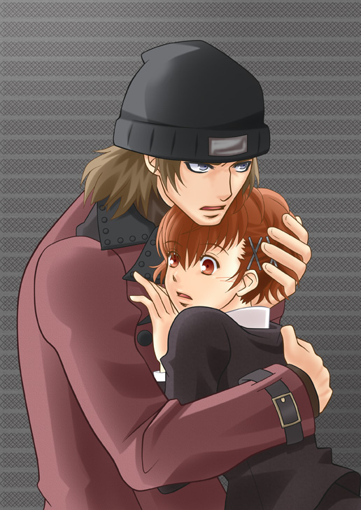 1boy, 1girl, aragaki_shinjirou, artist_request, atlus, beanie, blue_eyes, brown_eyes