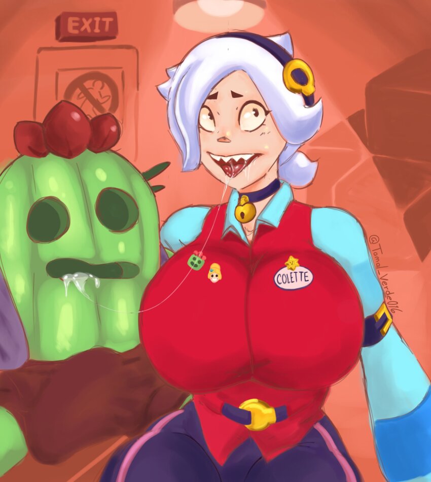 1boy, 1girl, brawl_stars, breasts, colette_(brawl_stars), highres, huge_breasts, saliva, saliva_trail, sharp_teeth, ship, spike_(brawl_stars), teeth, watercraft
