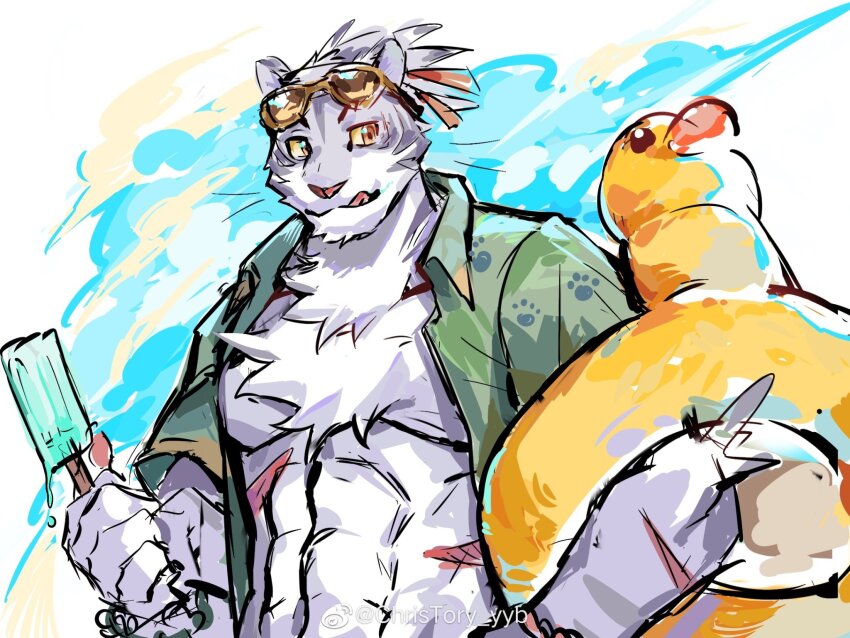abs, bara, christory_yyb, eyewear_on_head, food, furry, furry_male, high_ponytail