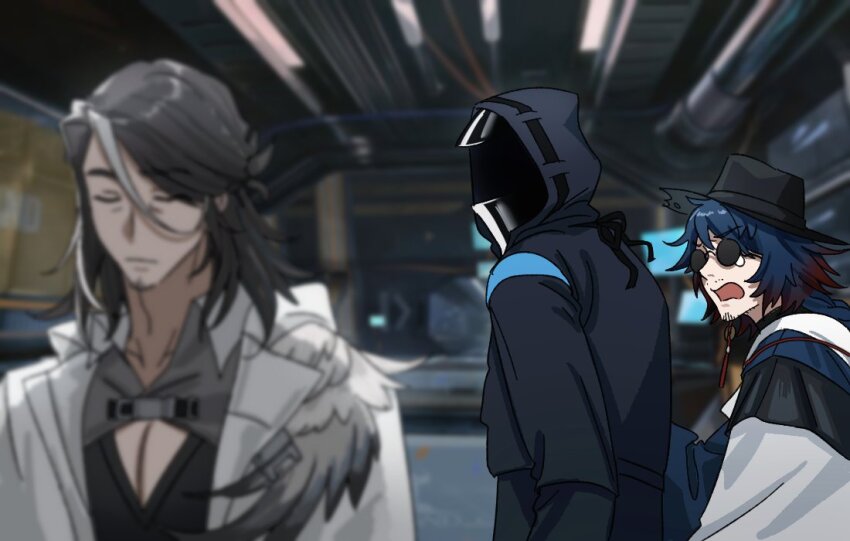 2boys, ambiguous_gender, arknights, black_coat, black_headwear, blurry, blurry_foreground, chenjuee