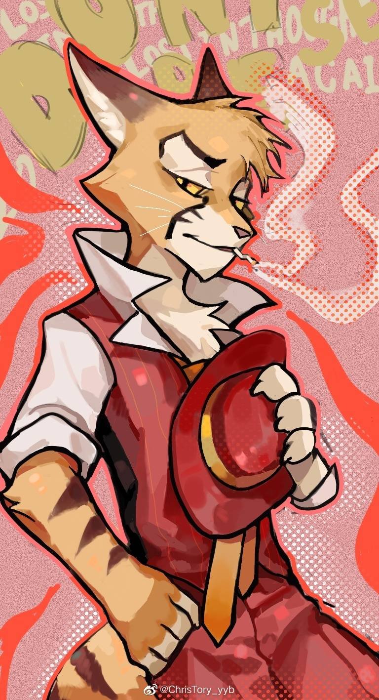 cat_boy, christory_yyb, cigarette, dorian_"zib"_zibowski, furry, furry_male, hat, highres, holding, holding_unworn_clothes, holding_unworn_hat, lackadaisy, male_focus, necktie, pants, red_hat, red_pants, red_vest, shirt, sleeves_rolled_up, smoking, solo, undone_necktie, unworn_hat, unworn_headwear, vest, watermark, weibo_watermark, white_shirt, yellow_necktie
