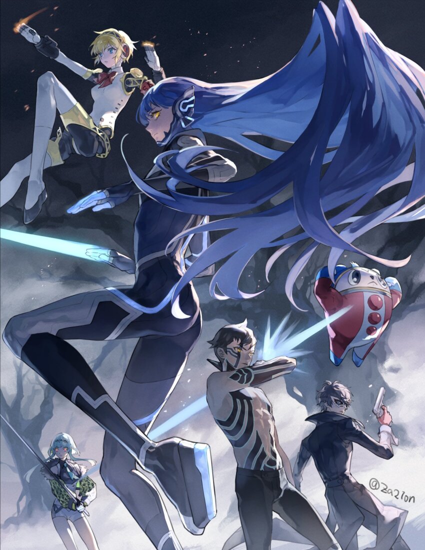 2girls, 3boys, aigis_(persona), amamiya_ren, android, black_coat, black_hair, blonde_hair, blue_hair, breasts, coat, crossover, demi-fiend, devil_summoner_(series), floating_hair, full-body_tattoo, full_body, gloves, gun, hairband, highres, holding, holding_weapon, joker_(persona_5), kuma_(persona_4), long_hair, mask, medium_breasts, multiple_boys, multiple_girls, nahobino, persona, persona_3, persona_4, persona_5, protagonist_(aogami_nahobino)_(smtv), protagonist_(smtv), red_gloves, ringo_(soul_hackers_2), shin_megami_tensei, shin_megami_tensei_iii:_nocturne, shin_megami_tensei_v, short_hair, short_hair_with_long_locks, simple_background, soul_hackers_2, tattoo, twitter_username, very_long_hair, weapon, yellow_eyes, za210n