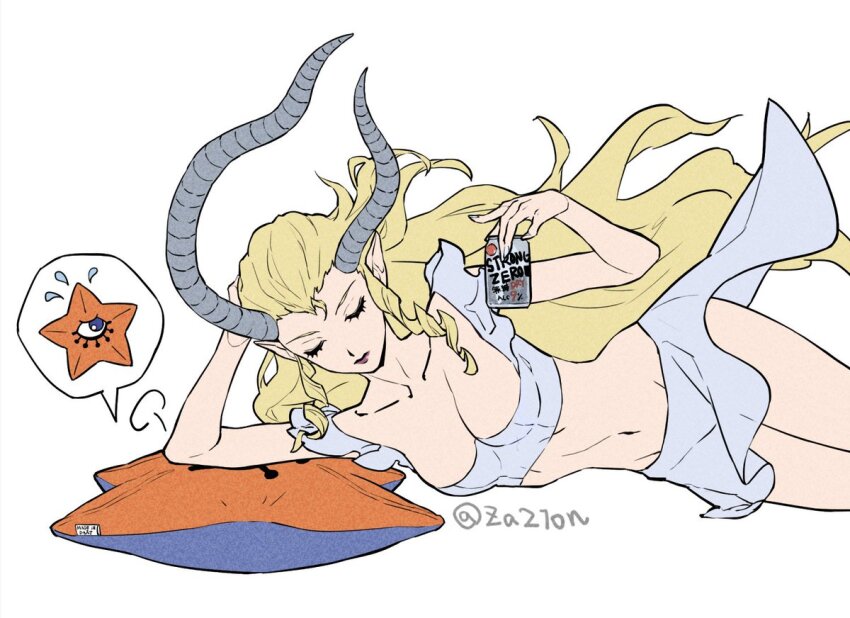 1girl, blonde_hair, breasts, can, cleavage, closed_eyes, closed_mouth, crop_top, decarabia, demon_(megami_tensei), drill_hair, drill_sidelocks, flying_sweatdrops, grey_horns, grey_skirt, holding, holding_can, horns, ishtar_(megami_tensei), large_breasts, long_hair, long_horns, lying, on_side, pointy_ears, shin_megami_tensei, sidelocks, simple_background, skirt, speech_bubble, star_(symbol), strong_zero, very_long_hair, white_background, za210n