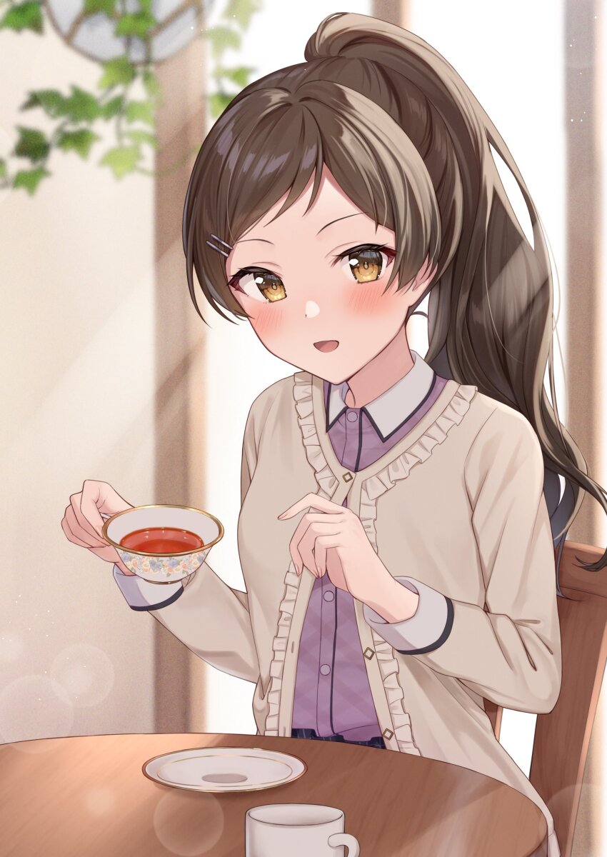 1girl, absurdres, blurry, blurry_background, blush, brown_hair, cup, hair_ornament, hairclip, highres, holding, holding_cup, idolmaster, idolmaster_million_live!, idolmaster_million_live!_theater_days, jpeg_artifacts, kitazawa_shiho, kitazawa_shiho_(private_dress), long_hair, looking_at_viewer, mochiko_(uyu_omochi), official_alternate_costume, official_alternate_hairstyle, open_mouth, parted_bangs, ponytail, private_dress_(idolmaster_million_live!), sitting, smile, solo, table, tea, teacup, yellow_eyes