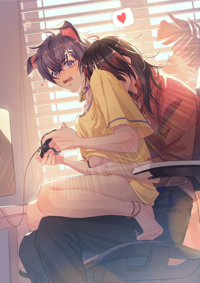 2boys, animal_ears, black_hair, collar, controller, dog_ears, fangs, highres