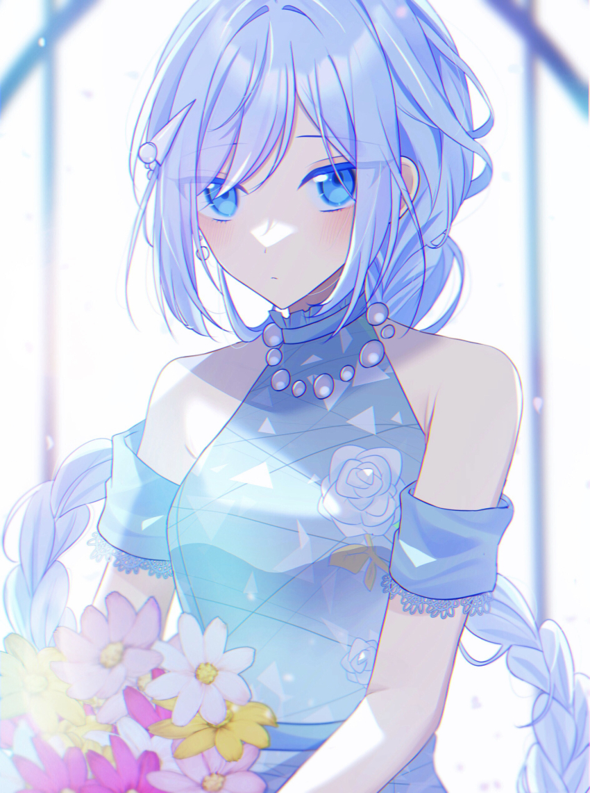 1girl, absurdres, armband, armpit_crease, bare_shoulders, blue_dress, blue_eyes, blush, bouquet, braid, closed_mouth, commentary_request, dot_nose, dress, earrings, flower, grey_hair, highres, holding, holding_bouquet, jewelry, long_hair, looking_at_viewer, miyu-k2896, necklace, own_hands_together, pearl_earrings, pearl_necklace, pink_flower, project_sekai, raised_eyebrows, shadow, sidelocks, sleeveless, sleeveless_dress, solo, swept_bangs, tonari_ni_tatsu_yasashii_anata_e_(project_sekai), twin_braids, upper_body, wedding_dress, white_flower, yellow_flower, yoisaki_kanade