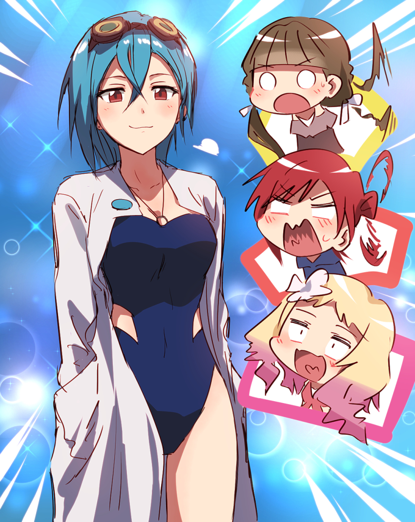 ._., 4girls, blonde_hair, blue_hair, blue_one-piece_swimsuit, blush, breasts, brown_hair, casual_one-piece_swimsuit, chibi, closed_mouth, clothing_cutout, coat, cosplay, covered_navel, emphasis_lines, eyewear_on_head, fangs, gradient_hair, hair_between_eyes, hair_bun, hair_ribbon, highleg, highleg_one-piece_swimsuit, highres, jewelry, lab_coat, liella!_second_generation, looking_at_viewer, love_live!, love_live!_superstar!!, low_twintails, medium_breasts, multicolored_hair, multiple_girls, necklace, nintendo, o_o, one-piece_swimsuit, onitsuka_natsumi, open_clothes, open_coat, open_mouth, panicking, pink_hair, pokemon, pokemon_(anime), pokemon_(classic_anime), professor_ivy, professor_ivy_(cosplay), red_eyes, ribbon, ring, ring_necklace, sakurakoji_kinako, short_hair, shouting, side_cutout, single_side_bun, skin_fangs, smug, solo_focus, sparkle, standing, strapless, strapless_one-piece_swimsuit, surprised, swimsuit, twintails, upper_body, v-shaped_eyebrows, wakana_shiki, wavy_mouth, white_coat, white_ribbon, yoneme_mei, yukitake_(bullfalk)