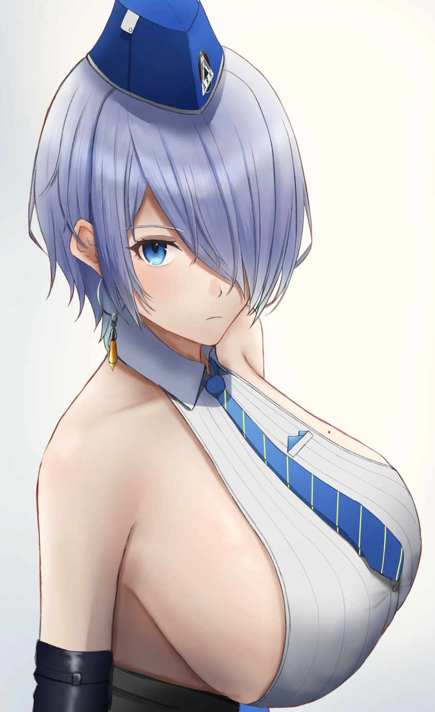 1girl, absurdres, asao_(asaomm12345), backless_outfit, backless_shirt, bare_shoulders, blue_eyes, blue_hat