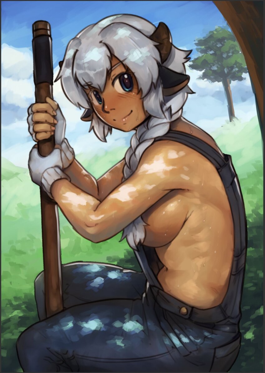 1girl, animal_ears, blue_eyes, blue_overalls, blue_sky, blush, breasts, brown_horns, closed_mouth, cloud, commentary, commentary_request, cow_ears, cow_girl, cow_horns, dappled_sunlight, english_commentary, feet_out_of_frame, fingerless_gloves, fingernails, from_side, gloves, highres, holding, horns, large_breasts, looking_at_viewer, looking_to_the_side, naked_overalls, nandi_(puchirisu), nearly_naked_overalls, no_bra, original, outdoors, overalls, puchirisu, sideboob, sitting, sky, smile, solo, sunlight, sweat, white_gloves