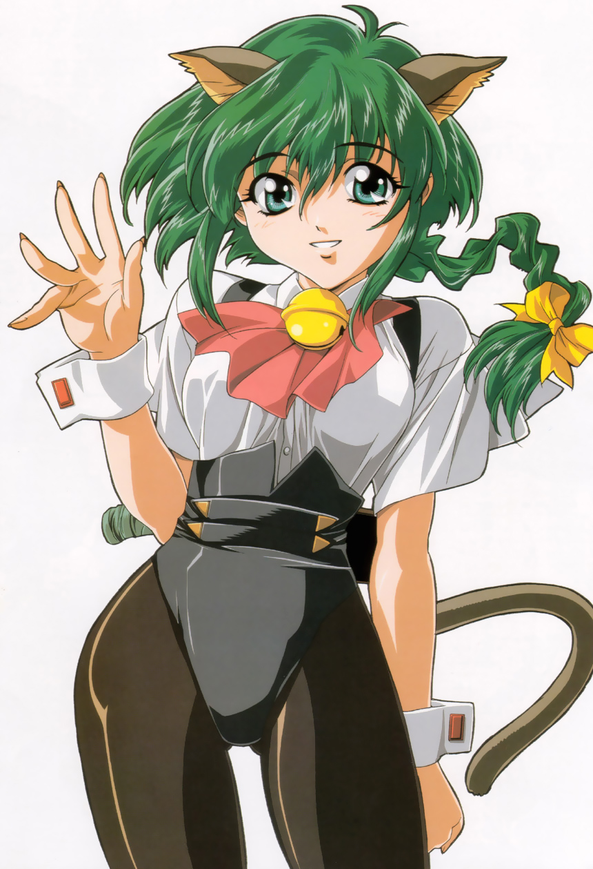 1990s_(style), 1girl, animal_ears, bell, bow, braid, cat_ears, cat_tail, female_focus, gotou_keiji, green_eyes, green_hair, hair_bow, highres, hyper_police, jingle_bell, matching_hair/eyes, official_art, pantyhose, retro_artstyle, sasahara_natsuki, sasahara_natsuki_(hyper_police), simple_background, smile, solo, tail, white_background, wrist_cuffs