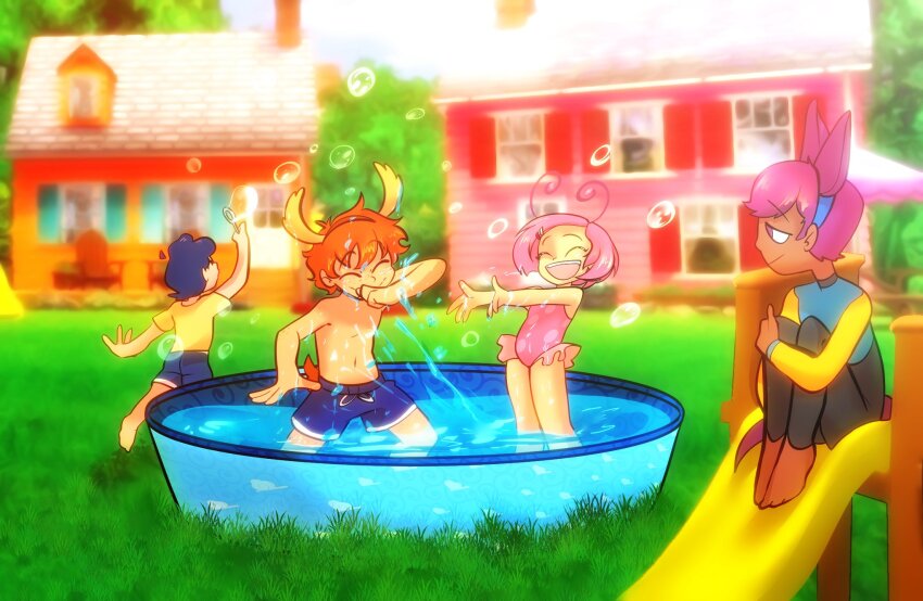 2boys, 2girls, animal_ears, antennae, antlers, austin_(backyardigans), backyard, barefoot, black_pants, blue_hair, blue_shirt, blue_shorts, blue_swim_trunks, bubble, bubble_wand, chair, closed_eyes, dark_skin, fake_animal_ears, fake_antlers, grass, hair_ornament, hairclip, harvey_raks, highres, hand_on_own_arm, horns, house, kangaroo_boy, kangaroo_ears, loli, long_sleeves, looking_at_another, moose_boy, moose_tail, multiple_boys, multiple_girls, navel, nickelodeon, one-piece_swimsuit, open_mouth, orange_hair, pablo_(backyardigans), pants, pink_hair, pink_one-piece_swimsuit, polka_dot, polka_dot_swimsuit, pool, purple_eyes, purple_hair, running, shirt, short_hair, short_sleeves, shorts, shota, sitting, sky, slide, smile, splashing, summer, swimsuit, swimsuit_skirt, tail, teeth, the_backyardigans, topless_male, tree, tyrone_(backyardigans), umbrella, uniqua_(backyardigans), wading_pool, water, window, yellow_shirt