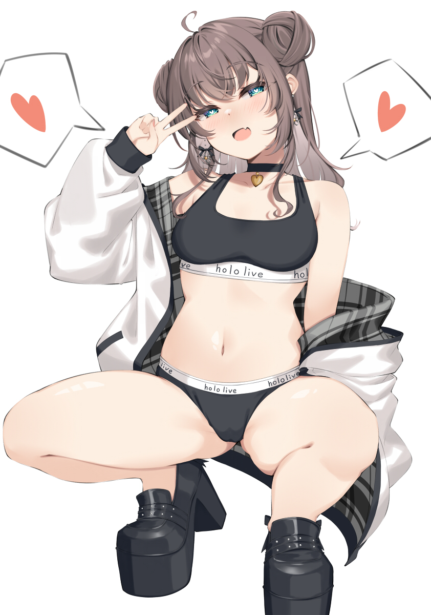 1girl, :3, ahoge, aqua_eyes, bare_shoulders, black_choker, black_shoes, black_sports_bra, breasts, brown_hair, choker, closed_mouth, collarbone, double_bun, earrings, erubusubori, fang, hair_bun, highres, hololive, jacket, jewelry, large_variant_set, medium_hair, natsuiro_matsuri, natsuiro_matsuri_(casual), navel, official_alternate_costume, open_mouth, panties, shoes, skin_fang, small_breasts, solo, sports_bra, spread_legs, squatting, underwear, variant_set, virtual_youtuber, white_jacket
