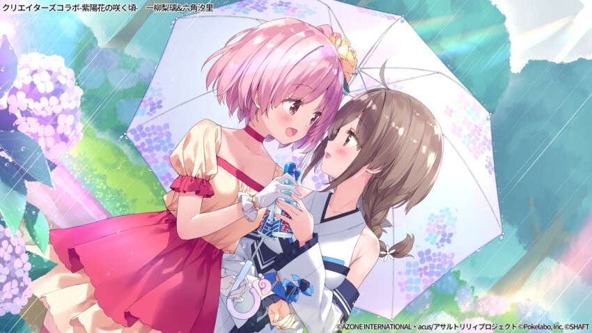 2girls, :d, ahoge, armpit_crease, assault_lily, bare_shoulders, blue_bow, blush