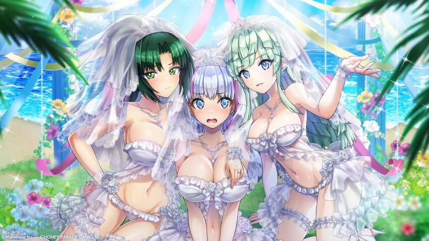 3girls, bikini, blue_eyes, blue_hair, blush, breasts, bridal_veil, cleavage, commentary_request, dolphin_wave, dress, green_eyes, green_hair, hand_around_neck, hand_on_own_hip, harunami_anri, highres, jewelry, kukuri_tomo, large_breasts, medium_breasts, multiple_girls, navel, necklace, official_art, ootomo_takuji, ring, selena_lewis, swimsuit, tiara, veil, wedding_dress, wedding_ring