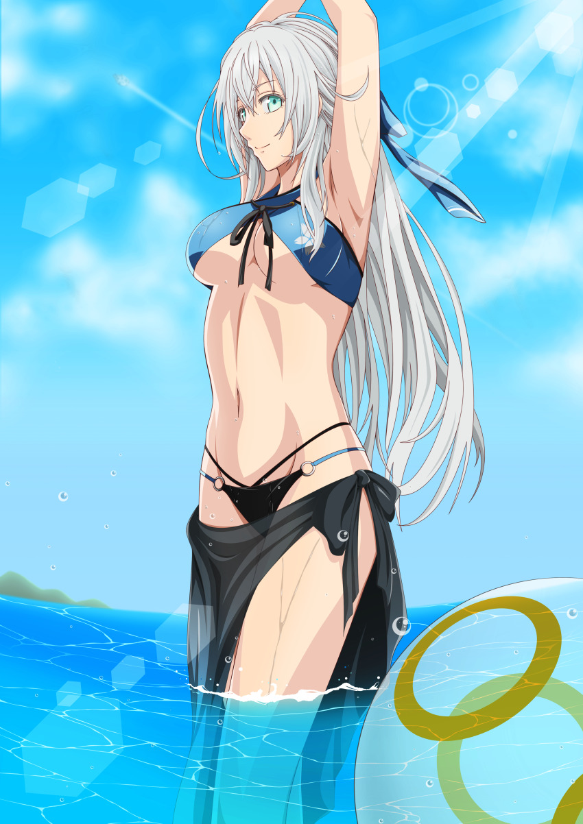 1girl, abs, absurdres, arm_up, armpits, ball, bikini, blue_sky