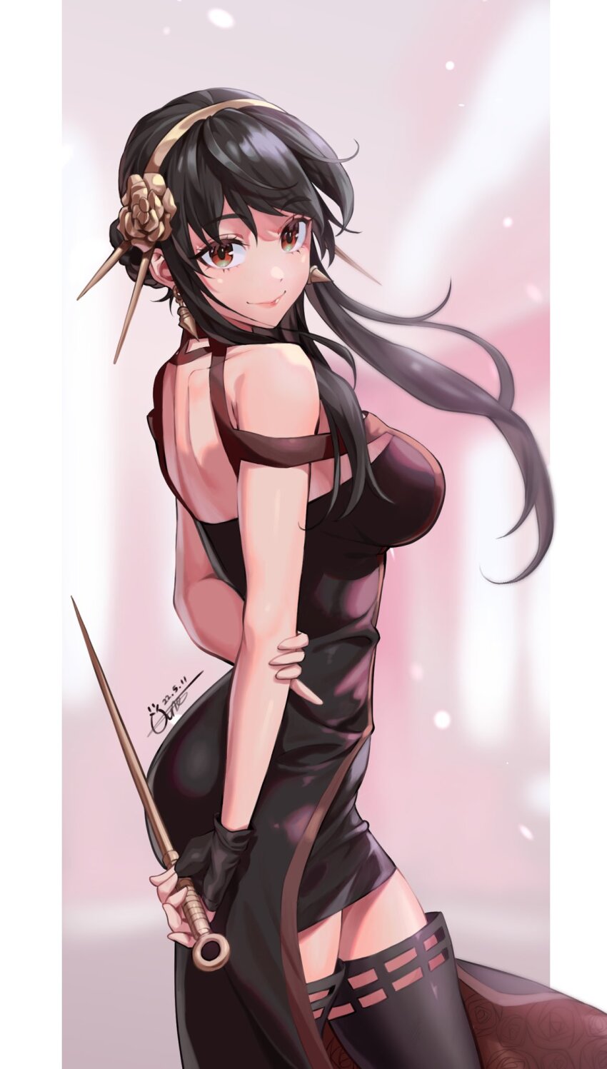 1girl, artist_name, bare_shoulders, black_gloves, black_hair, black_thighhighs, breasts, closed_mouth