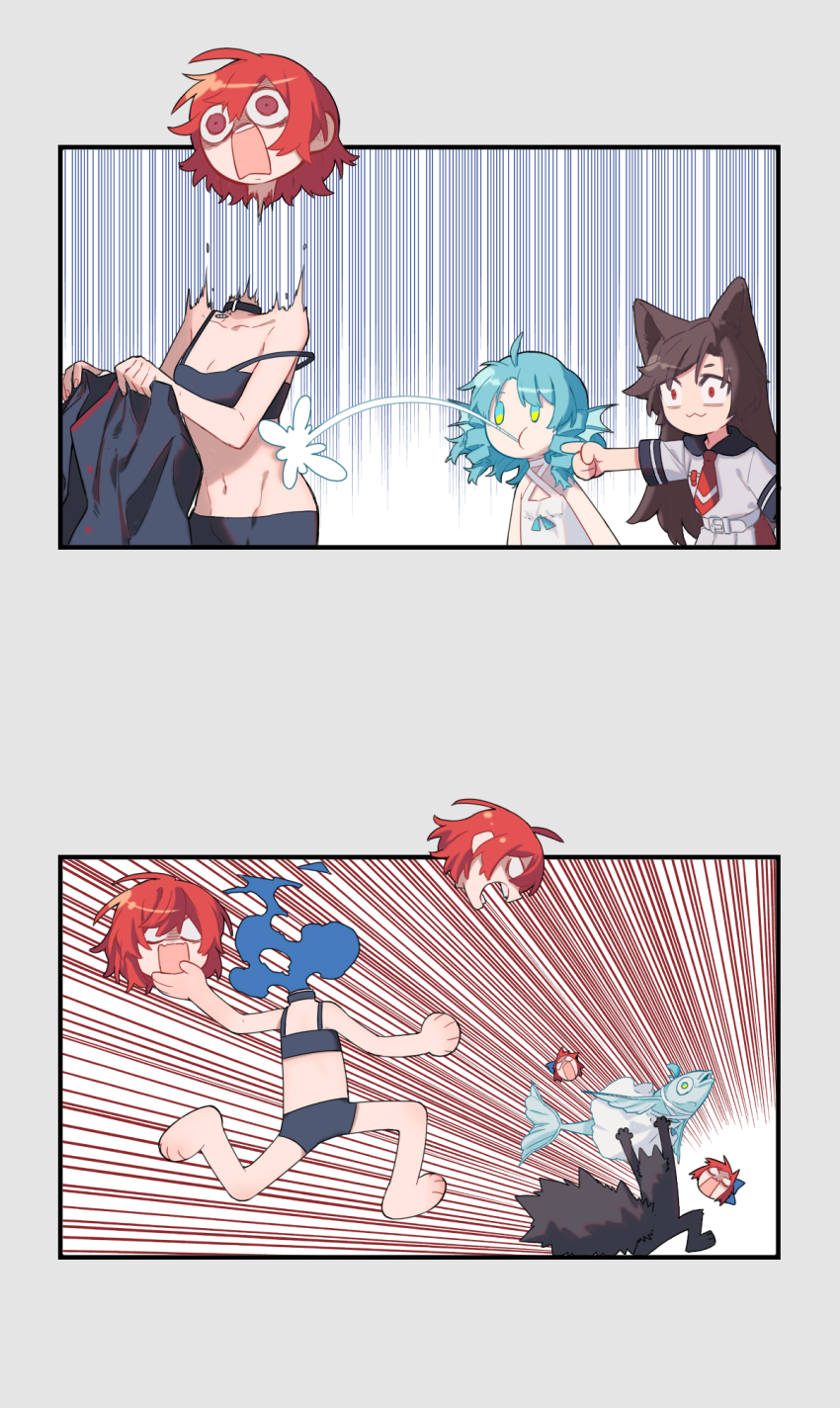 animal_ears, beichen_xiaobei, blue_hair, brown_hair, comic, disembodied_head, double_dealing_character, grass_root_youkai_network