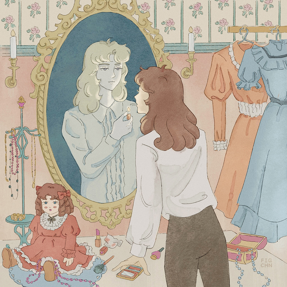 2girls, asaka_rei, black_pants, blonde_hair, candle, cigarette, compact_(cosmetics), cosmetics