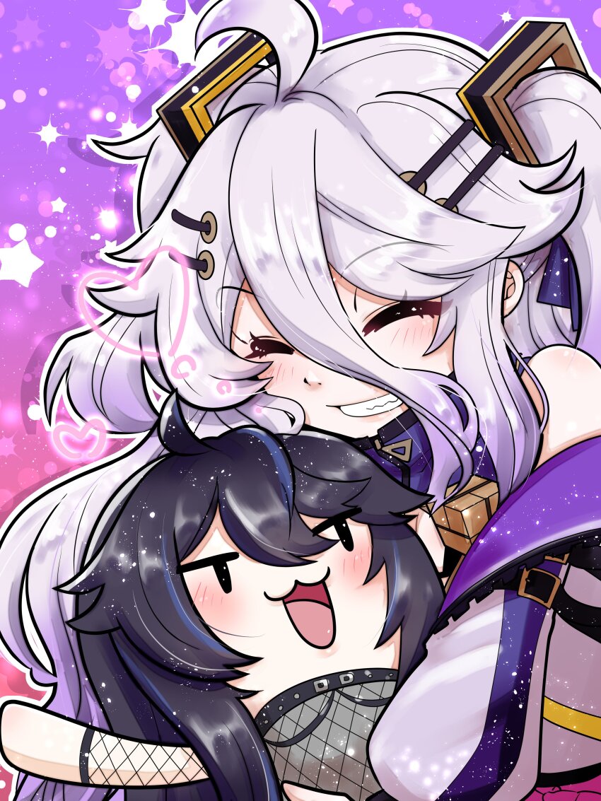 2girls, :3, :d, absurdres, ahoge, arm_belt, belt, black_belt