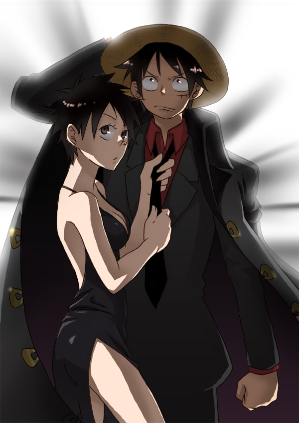 1boy, 1girl, bad_id, bad_pixiv_id, black_dress, black_hair, breasts, cleavage, clenched_hand, dress, dual_persona, epaulettes, formal_clothes, genderswap, genderswap_(mtf), grey_eyes, hat, inukoro_(spa), luffyko, medium_breasts, monkey_d._luffy, necktie, one_piece, one_piece:_strong_world, scar, selfcest, short_hair, side_slit, straw_hat, time_paradox